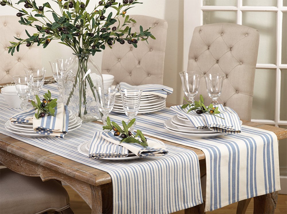 Dauphine Collection Farmhouse Striped Cotton 20 x 20 Inch Cloth Napkins, Set of 4 - French Blue Dinner Napkins for Dining Table, Banquet, BBQ Table and Family Dinner