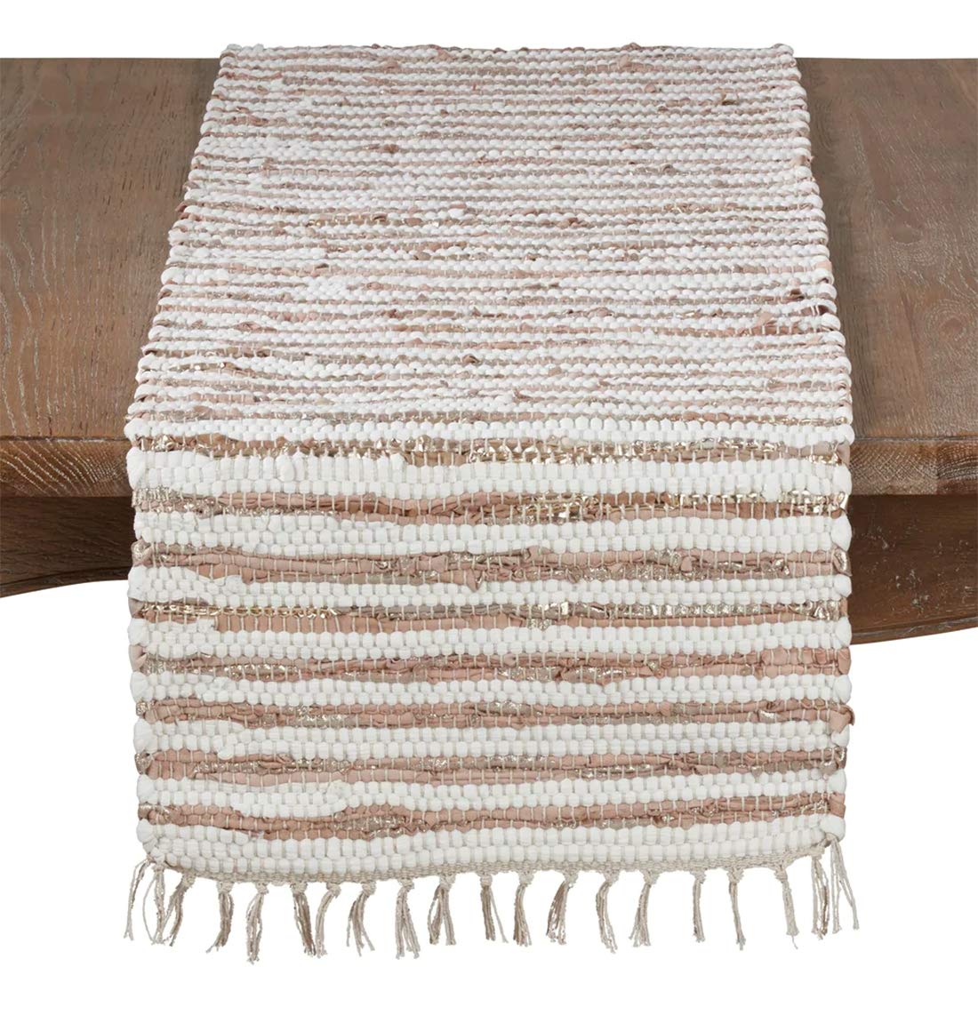 Fennco Styles Foil Striped Cotton Leather Woven Chindi Tassel Table Runner 16 x 72 Inch - Gold Metallic Table Cover for Home, Dining Room Décor, Banquets, Family Gathering and Special Occasion