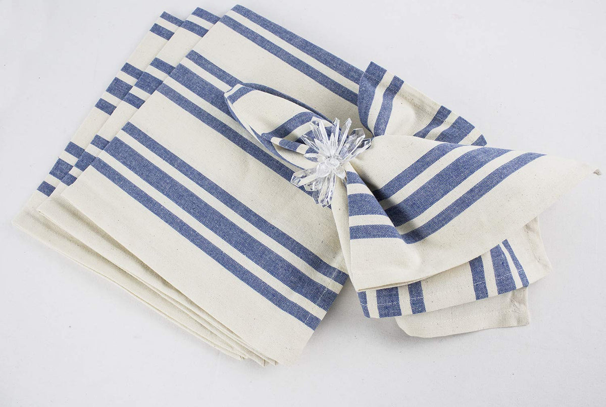 Dauphine Collection Farmhouse Striped Cotton 20 x 20 Inch Cloth Napkins, Set of 4 - French Blue Dinner Napkins for Dining Table, Banquet, BBQ Table and Family Dinner