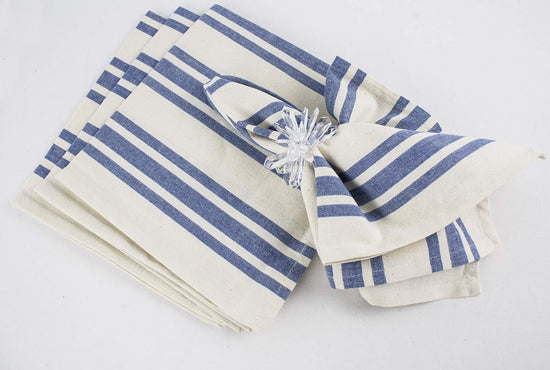 Dauphine Collection Farmhouse Striped Cotton 20 x 20 Inch Cloth Napkins, Set of 4 - French Blue Dinner Napkins for Dining Table, Banquet, BBQ Table and Family Dinner