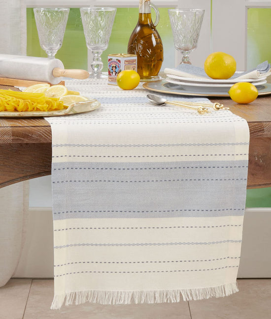 Dobby Striped Cotton Fringe Table Runner 14" W x 72" L — table decor for gatherings holidays and entertaining home and holiday accent