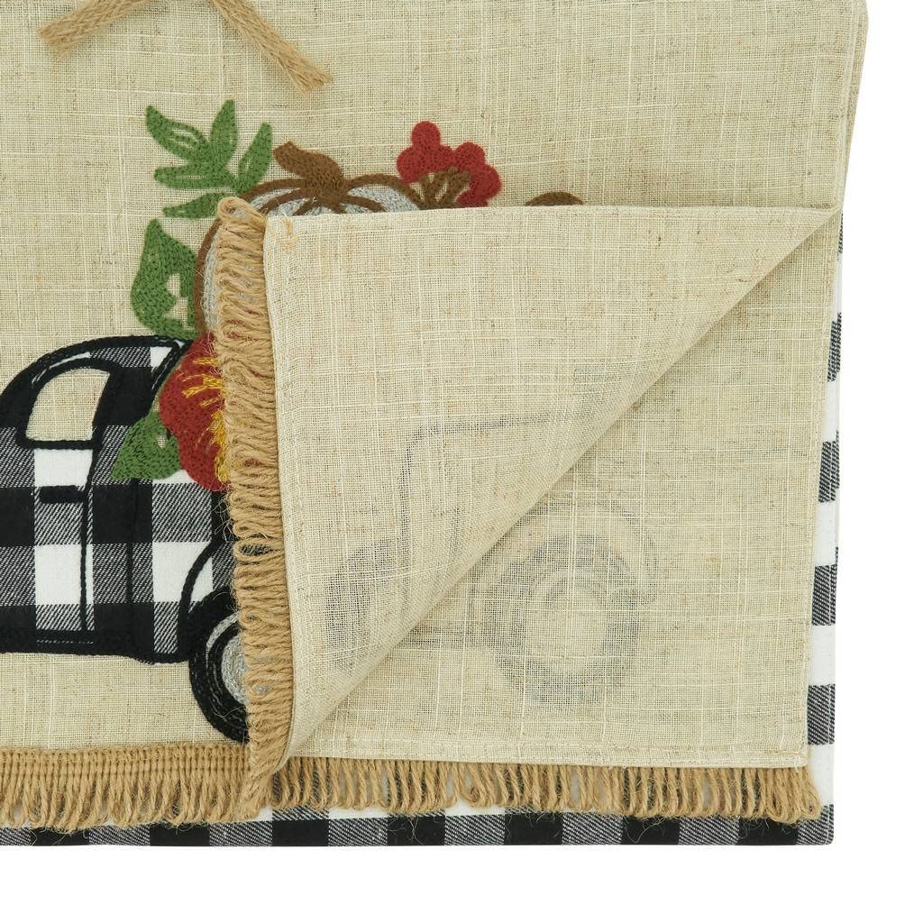 Plaid Truck & Pumpkins Design Linen Blend Table Runner 16" W X 70" L — decorative table accent for dining room styling seasonal decorating choice