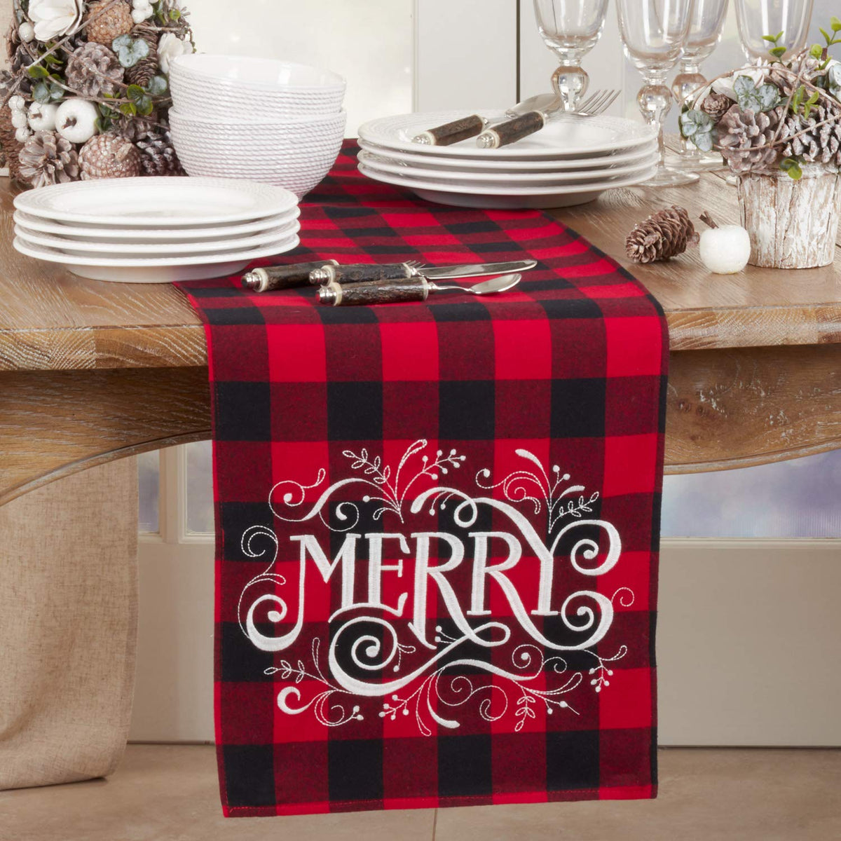 Holiday Buffalo Plaid Cotton Blend Merry Design Table Runner 14 x 72 Inch — decorative table accent for dining room styling home styling accent