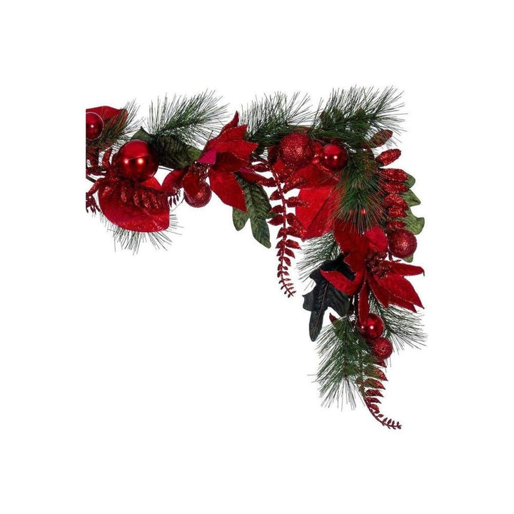 72" Merry Red Poinsettia Decorated Garland, holiday garland accent for fireplace, railing or entryway