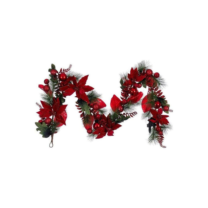 72" Merry Red Poinsettia Decorated Garland, festive Christmas decor for mantel, staircase or doorway from Cedar & Spice Gifts