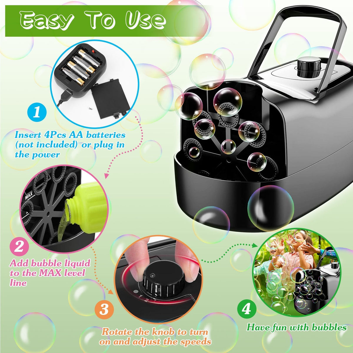 Bubble Maker Automatic Bubble Blower Portable Bubble Blowing Machine with 2 Speeds Handle 3000-4000 Bubbles Per Minute Plug-In Battery Powered