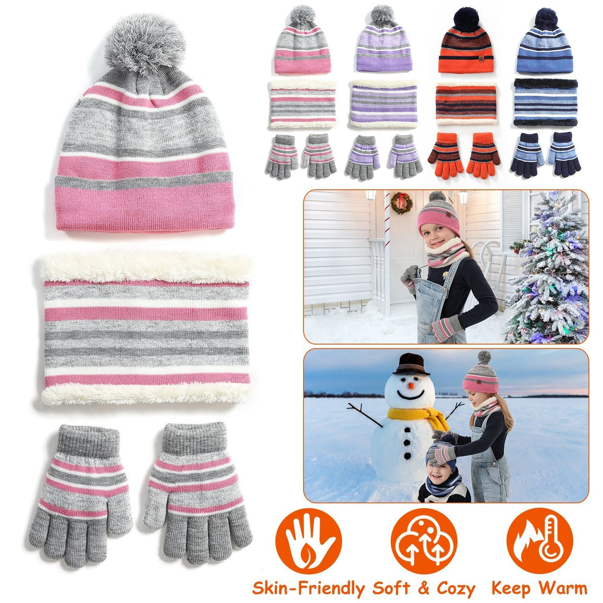 Winter Kids Knitted Hat Scarf Gloves 3Pcs Boys Girls Winter Warm Beanie Hat and Glove Scarf Set Beanie Neck Warmer Mittens for 4-7-Year-Old Kids