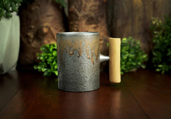 Iron Bronze Glazed Ceramic Mug with Wooden Handle