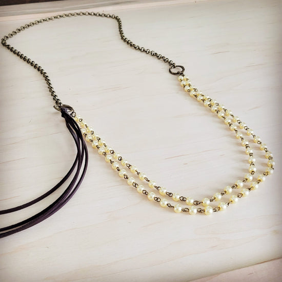 **Double Strand Champagne Pearl Beaded Necklace, Leather Tassel  264s