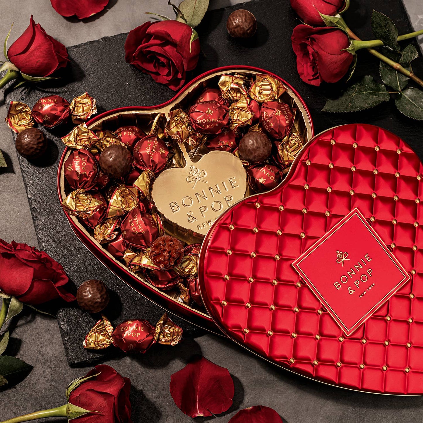 Valentines Day Chocolate Gift- Heart Shaped Tin with Chocolate Hazelnut Bon Bons