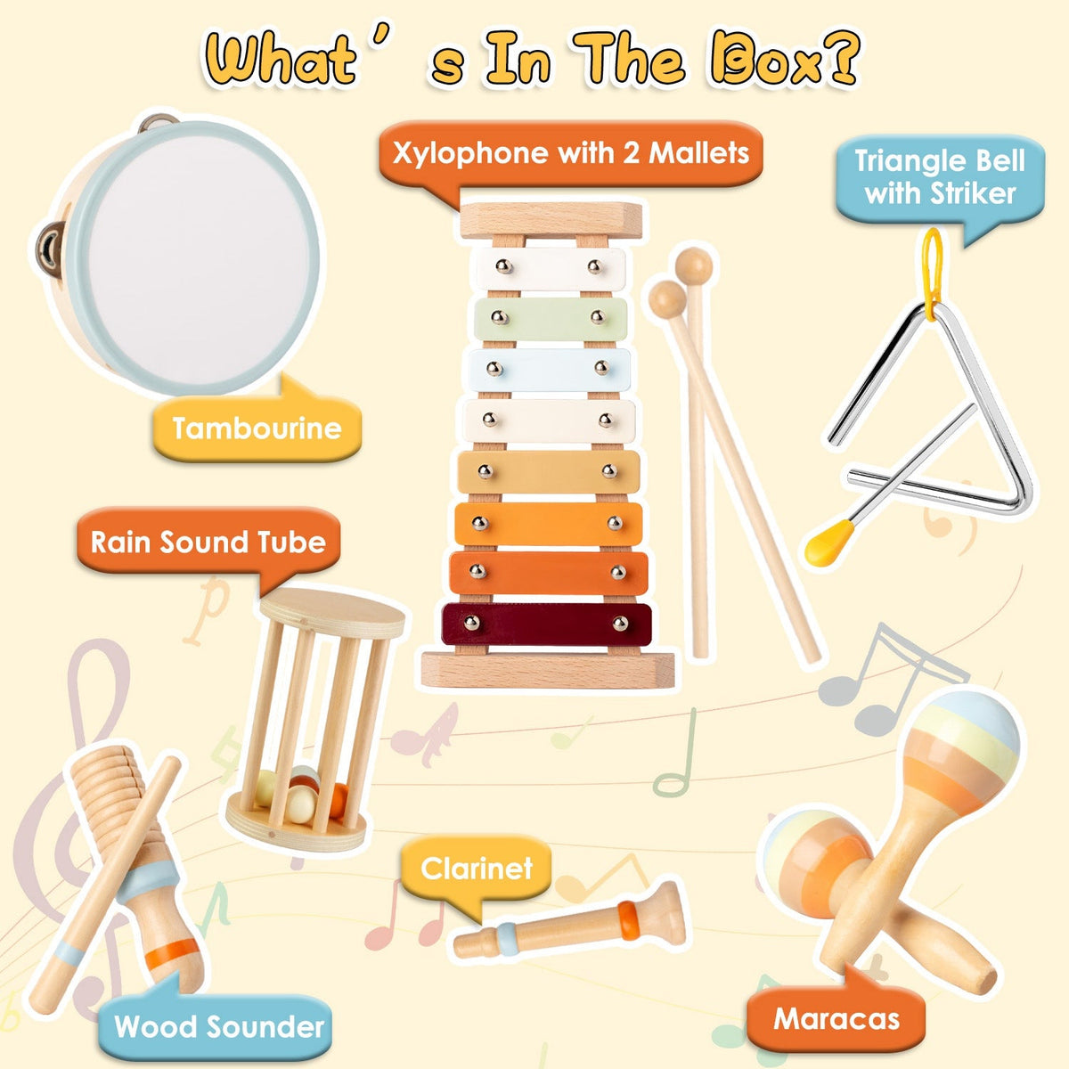 8Pcs Toddler Musical Toys Wooden Montessori Musical Instruments with Xylophone Tambourine Maracas for Boys Girls Aged 3 4 5 Years Old