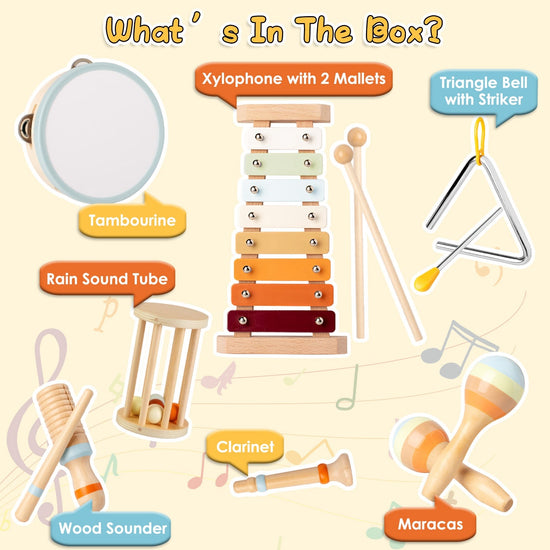 8Pcs Toddler Musical Toys Wooden Montessori Musical Instruments with Xylophone Tambourine Maracas for Boys Girls Aged 3 4 5 Years Old
