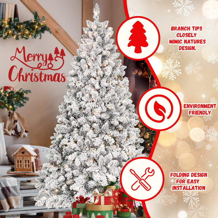 4.5FT Flocked Christmas Tree with 250 UL Lights and 24 Pine Cones, Christmas tree for living room, entryway or seasonal display