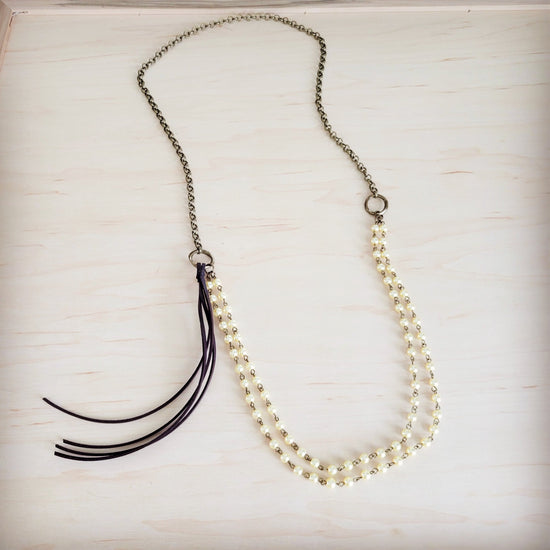 **Double Strand Champagne Pearl Beaded Necklace, Leather Tassel  264s