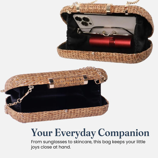 Fine Living Straw Clutch Purse for Women – Hand Woven Crossbody Bag Women's Shoulder Handbags with 2 detachable chains Raffia Wicker Rattan Evening Bag for Winter Wedding Vacation & Casual Outfits  Sustainable Stylish