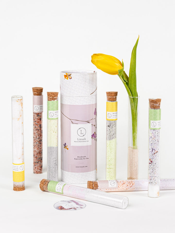 Natural Bath Gift Set – 7 Glass Tubes of Bath Salts, spa gift set for relaxation, self-care and thoughtful gifting from Cedar & Spice Gifts