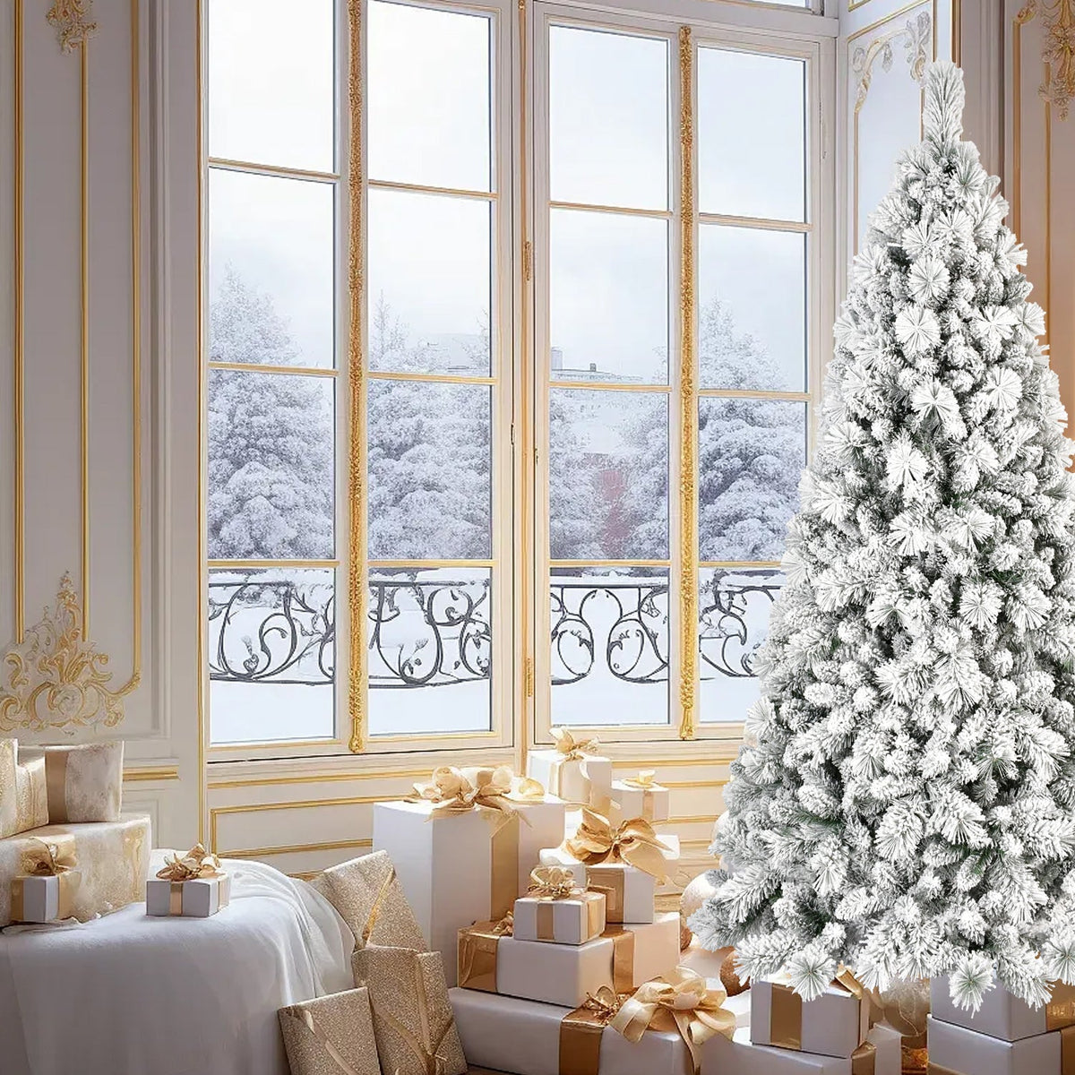 7.5FT Flocked Christmas Tree with 500 Warm White Lights