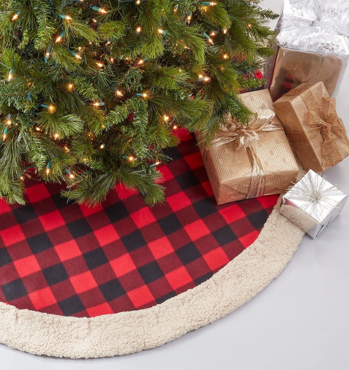 Fennco Styles Buffalo Plaid with Sherpa Border Tree Skirt 56" Round - Red Tree Skirt for Home, Christmas Tree, Holiday Decoration and Special Events