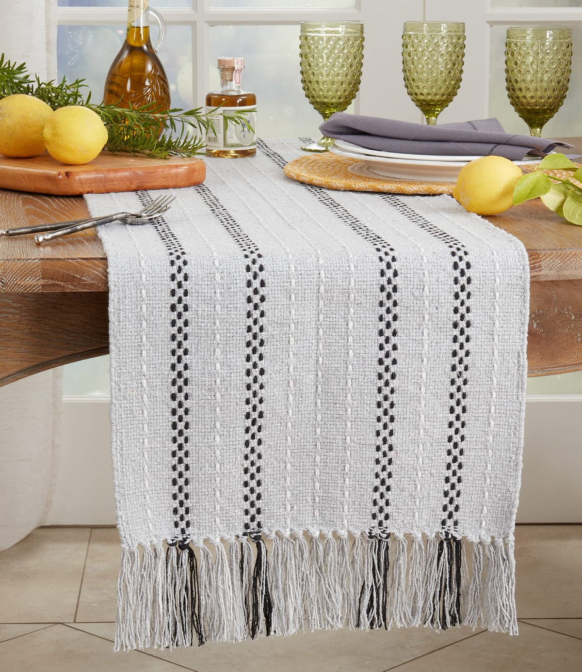 Stitched Stripe Tassel Cotton Table Runner 16" W X 72" L — decorative table accent for dining room styling online gift shop find