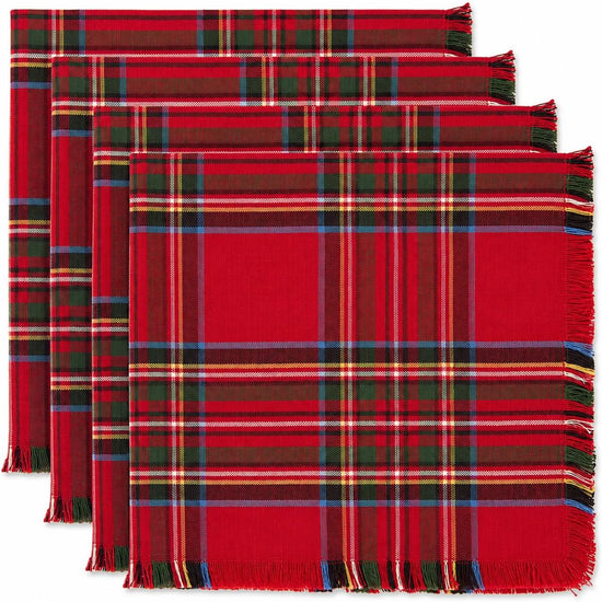 Christmas Tartan Cloth Napkins with Fringe 20" X 20", Set of 4 — decorative tabletop piece for home entertaining