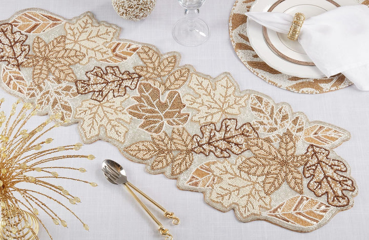 Hand Beaded Fall Leaves Table Runner 12" W x 36" L - Gold Elegant Autumn Table Cover