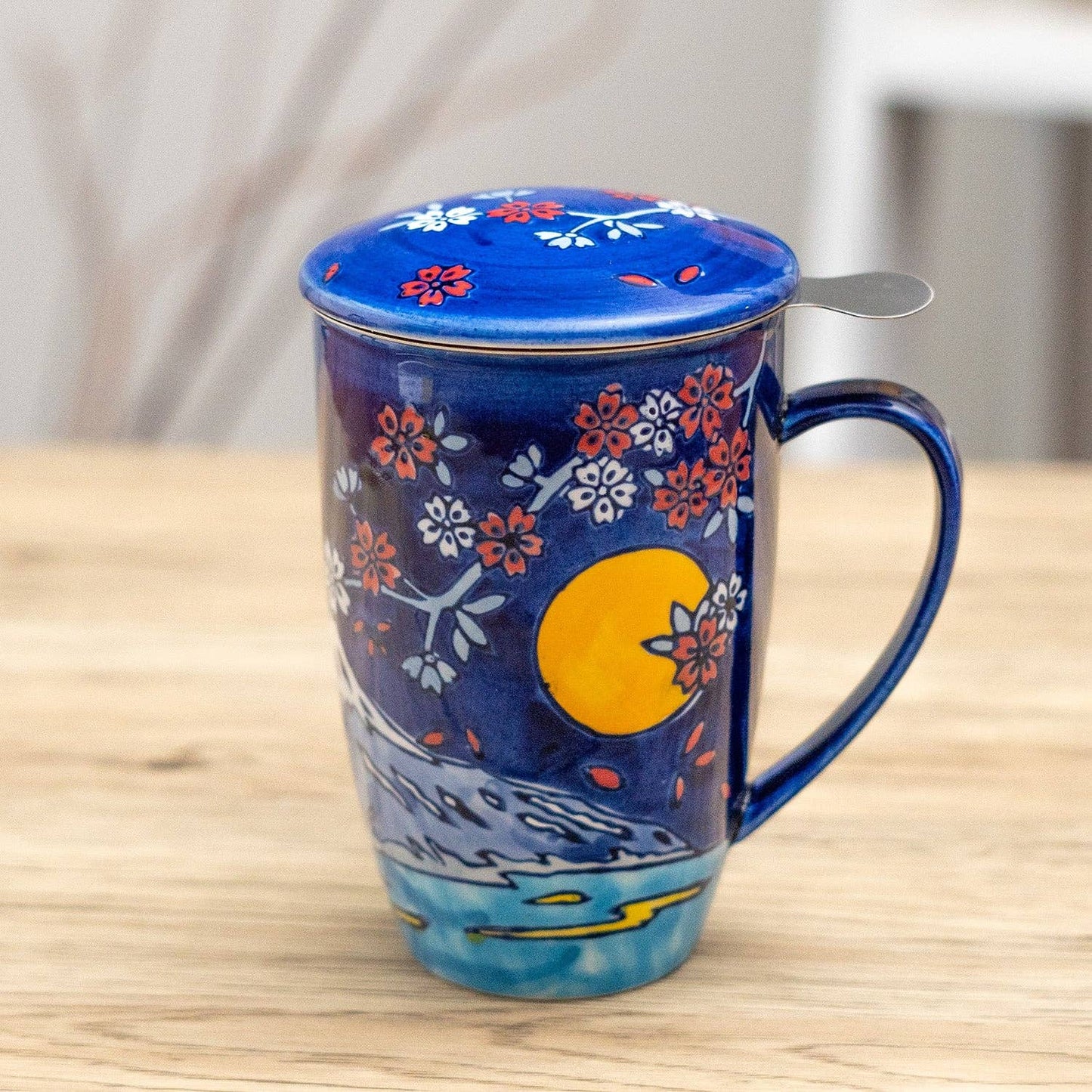 Fuji Mountain Design 15oz Tea Mugs with Lid and Infuser for Loose Leaf Tea