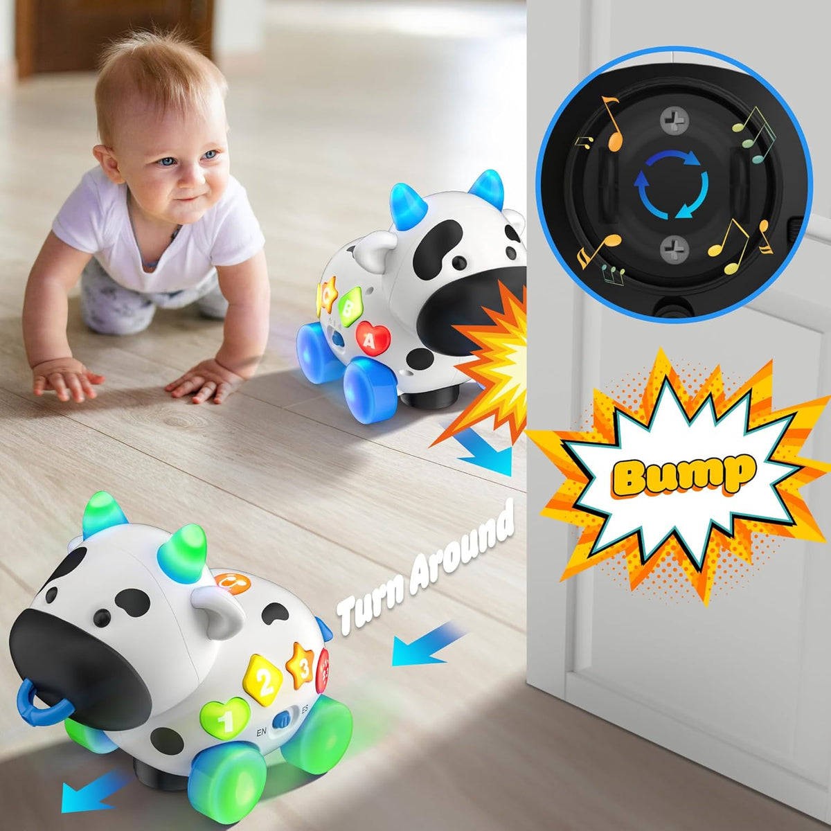 Musical Cow Baby Toys 6-12-18 Months, Bilingual Crawling Walking Toddler Educational Learning Toy for 1 Year Old Boy Girl Birthday Gifts, 6 7 8 9 10 12 Month Old