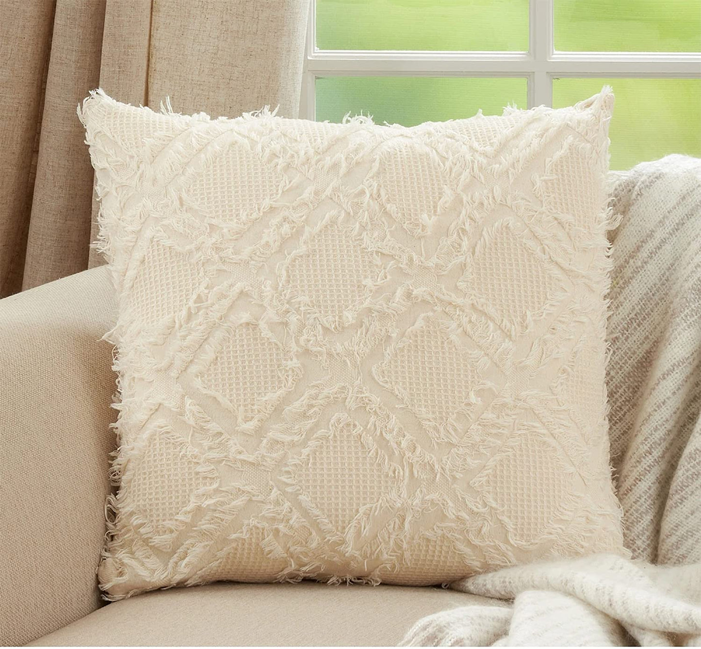 Fennco Styles Waffle Weave Fringe Reversible Cotton Decorative Throw Pillow 22" W x 22" L - Ivory Woven Square Cushion for Home, Couch, Living Room, Bedroom, Office and Holiday Décor