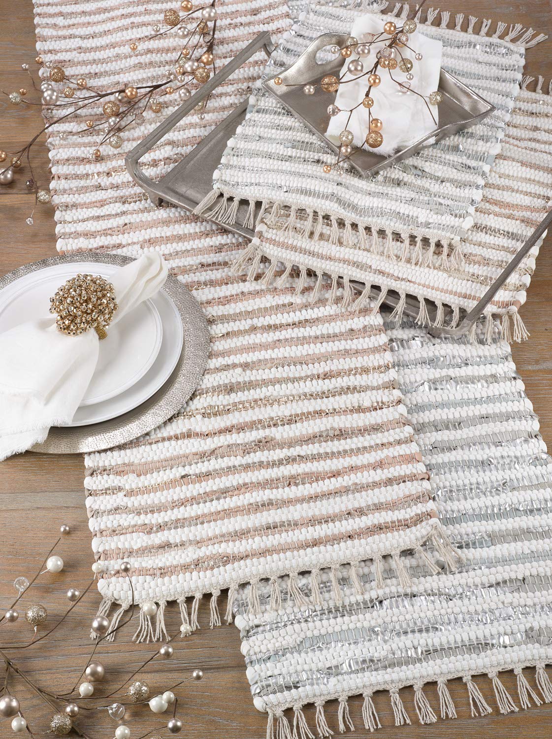 Foil Striped Cotton Leather Woven Chindi Tassel Table Runner 16 x 72 Inch - Gold Metallic Table Cover for Home, Dining Room Décor, Banquets, Family Gathering and Special Occasion