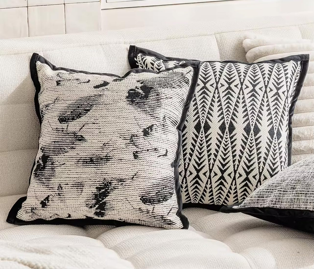 Art Style Leaf Feather Design Jacquard Throw Pillow Cover 18" W X 18" L – Black Woven Square Cushion Case for Couch, Sofa, Bedroom, Office and Living Room Décor