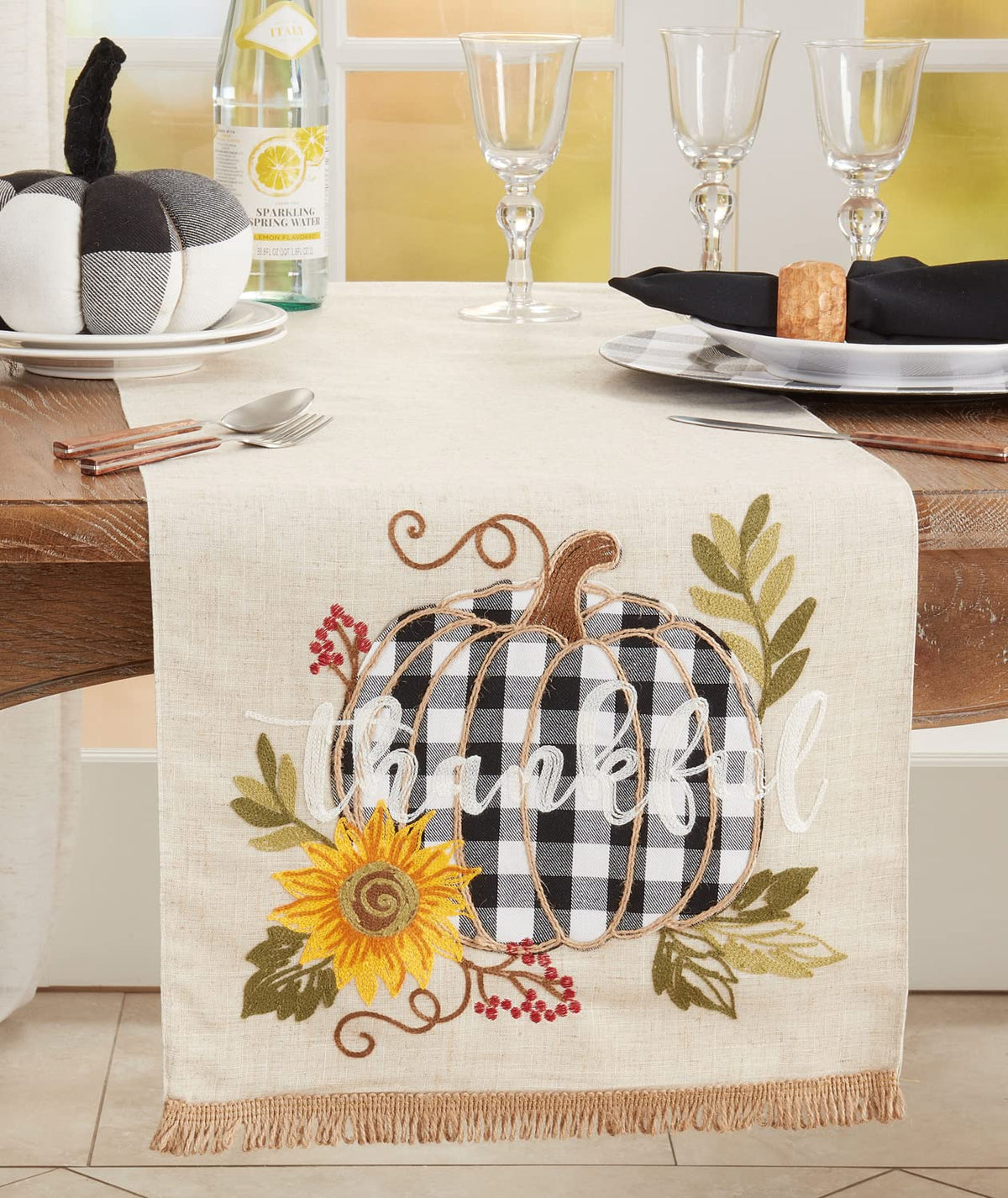Thankful Design Plaid Pumpkin Linen Blend Table Runner 16" W X 70" L - Natural Holiday Table Cover for Home Décor, Thanksgiving, Banquets, Family Gatherings and Special Occasions