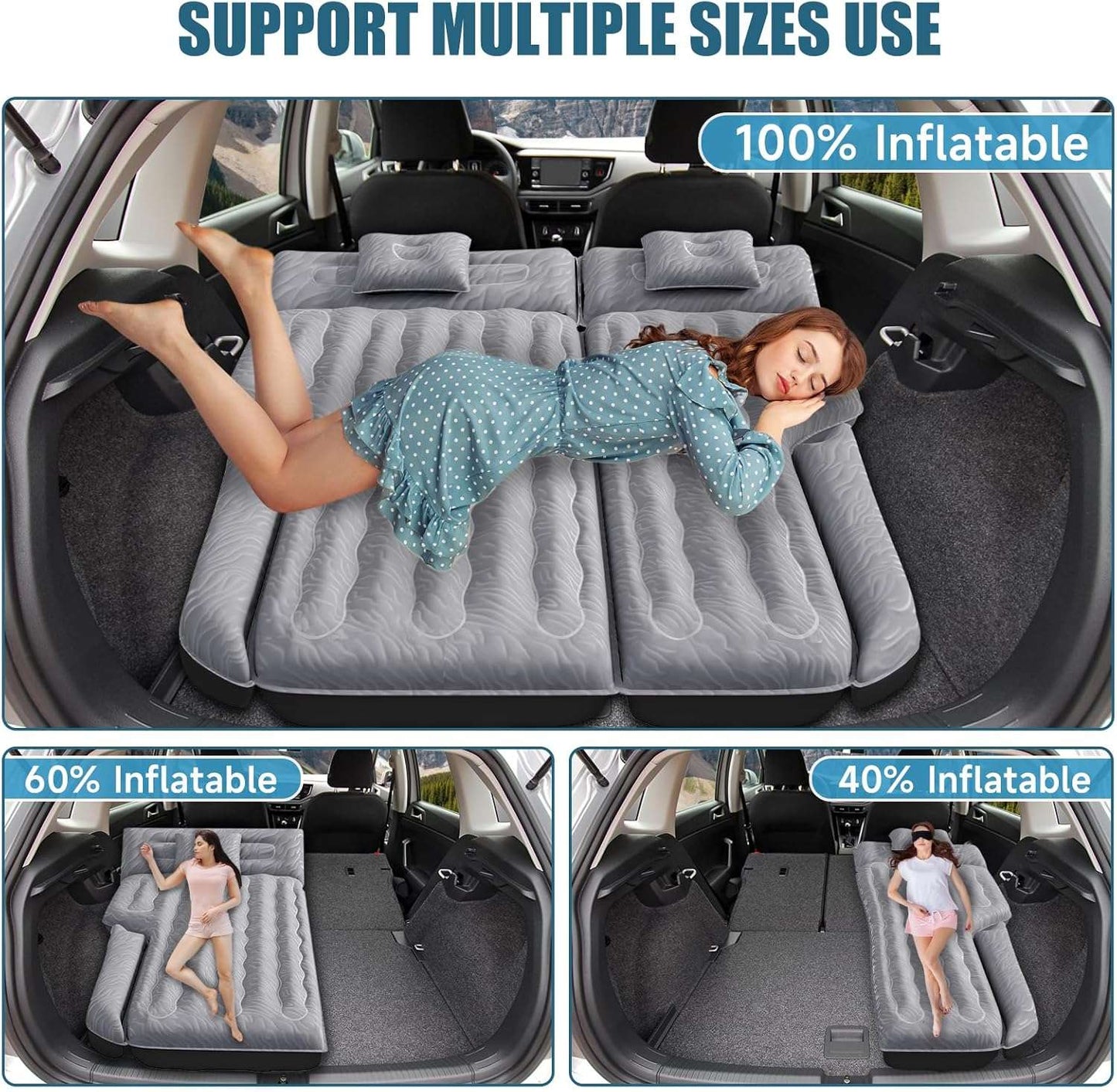 DikaSun 63in Extended SUV Mattress — Quick Inflate, Includes Pump & 2 Pillows,Grey