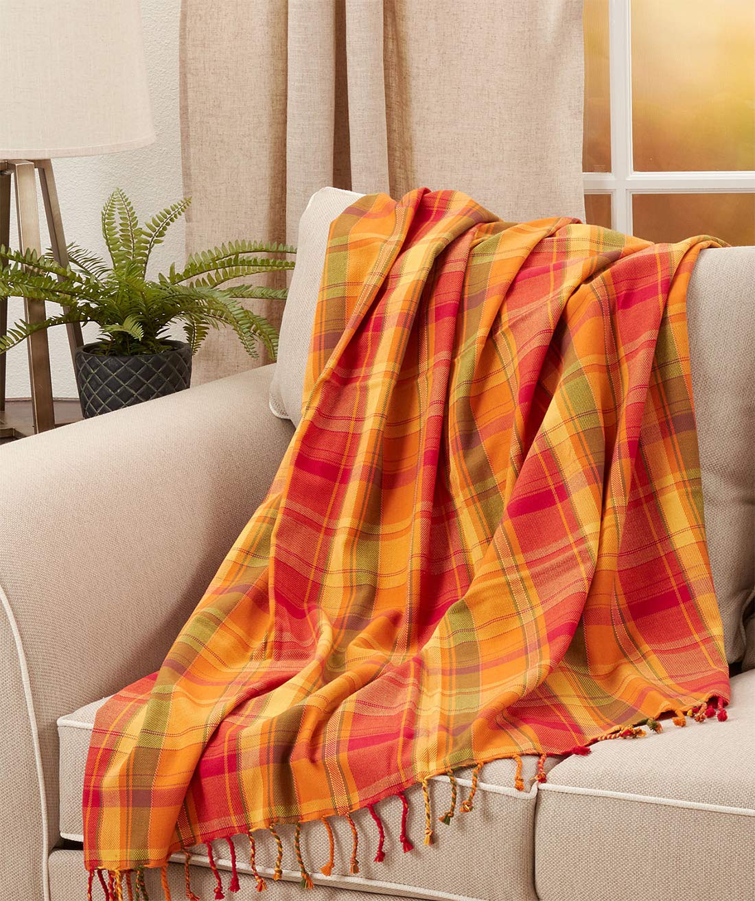 Autumn Harvest Plaid Tassel Throw Blanket 50" W x 60" L – Terracotta Blanket for Couch, Bedroom and Living Room Décor
