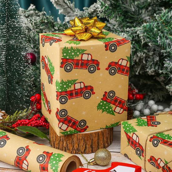 CAMKUZON Kraft Christmas Wrapping Paper Roll Vintage Red Black Plaid 17.4 Inch