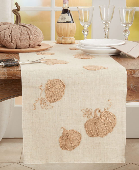 Harvest Pumpkins Linen Blend Table Runner 16" W X 70" L - Natural Holiday Table Cover for Home Décor, Thanksgiving, Banquets, Family Gatherings and Special Occasions