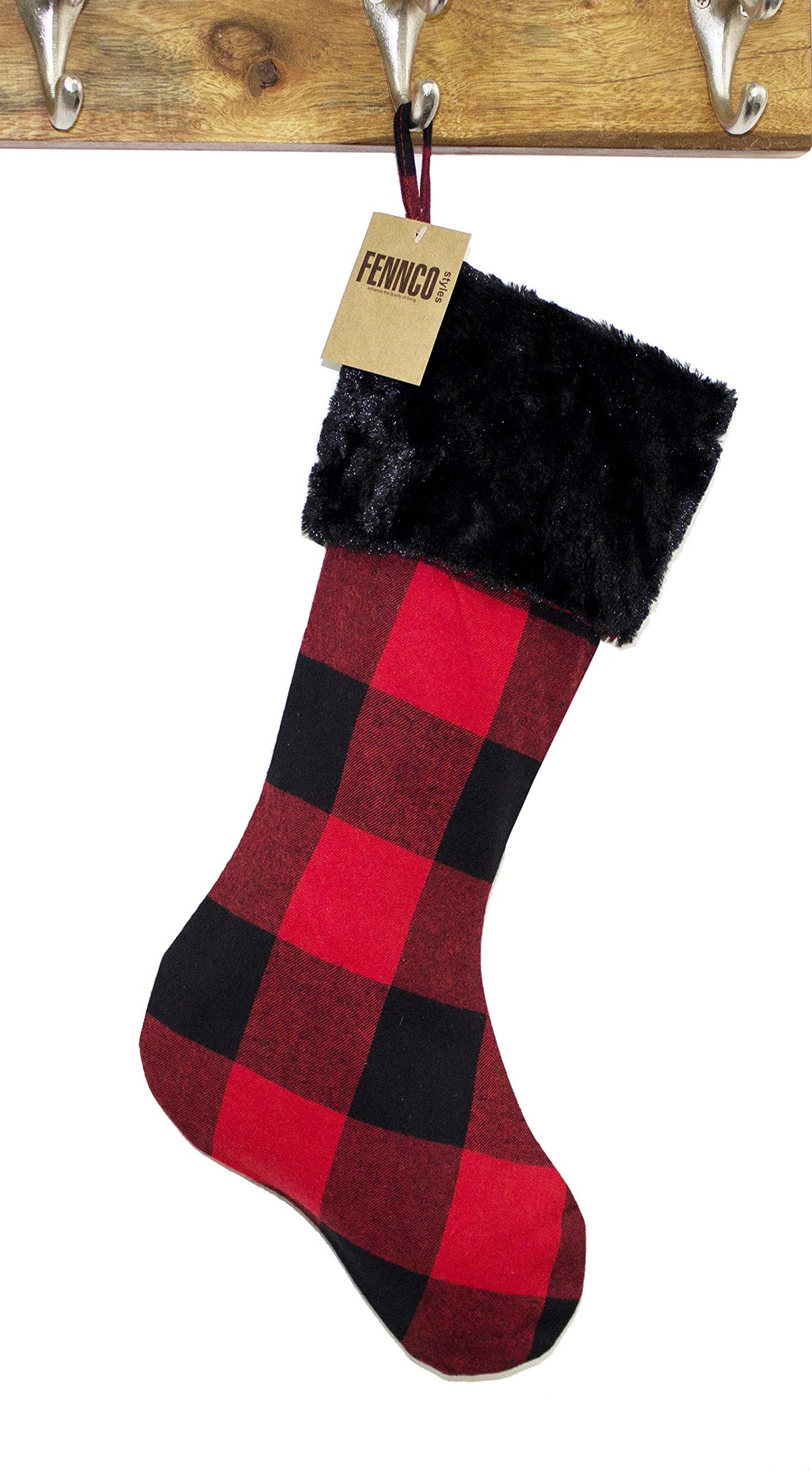 Fennco Styles Red and Black Buffalo Plaid with Black Faux Fur Design Christmas Stocking 13" W x 19" L - Festive Hanging Stocking for Home, Christmas Tree, Fireplace, Office and School Décor