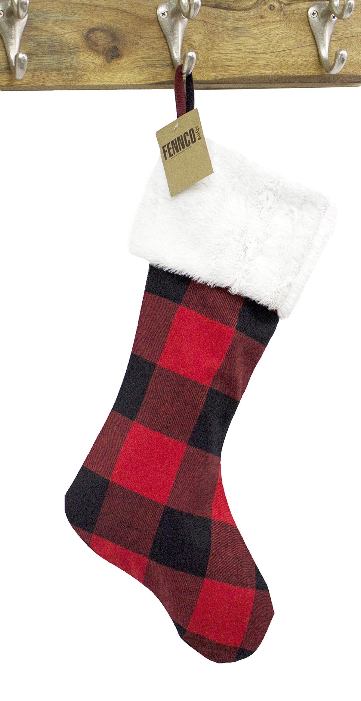 Fennco Styles Red and Black Buffalo Plaid with White Faux Fur Design Christmas Stocking 13" W x 19" L - Festive Hanging Stocking for Home, Christmas Tree, Fireplace, Office and School Décor