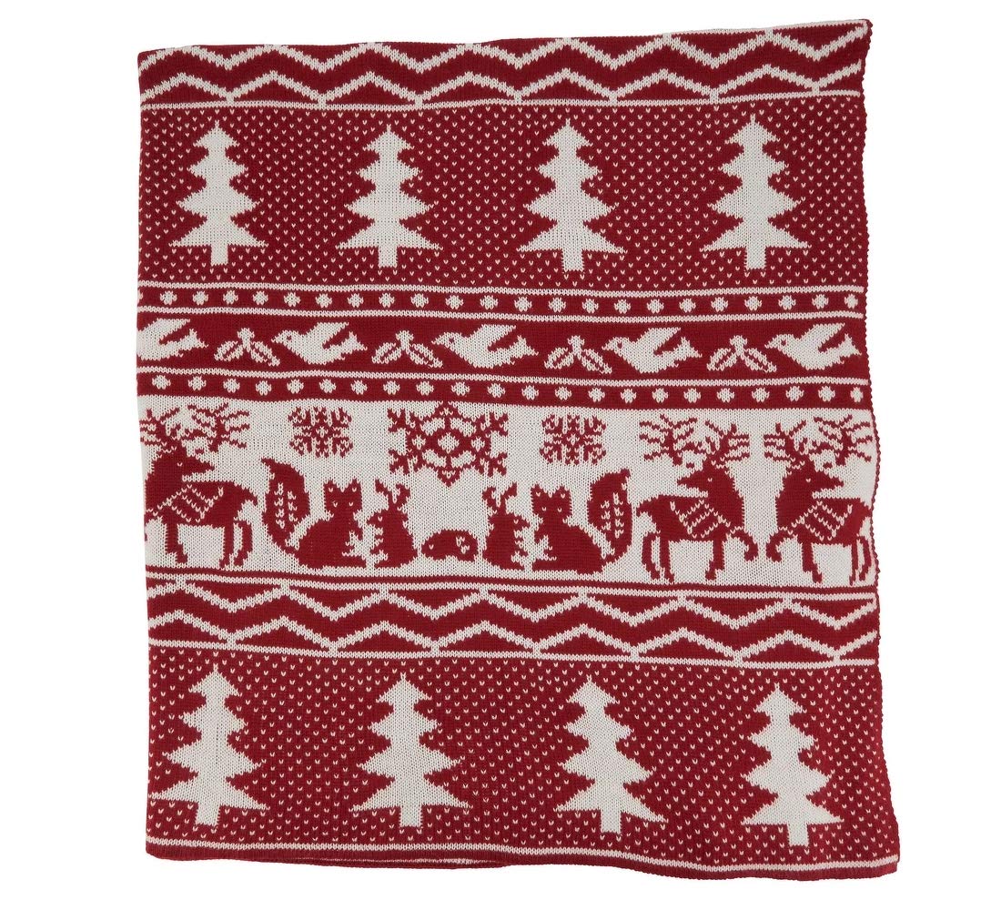 Fennco Styles Reversible Christmas Design Knitted Throw Blanket 50" W x 60" L – Red Blanket for Bed, Couch, Sofa, Home Décor, Ideas