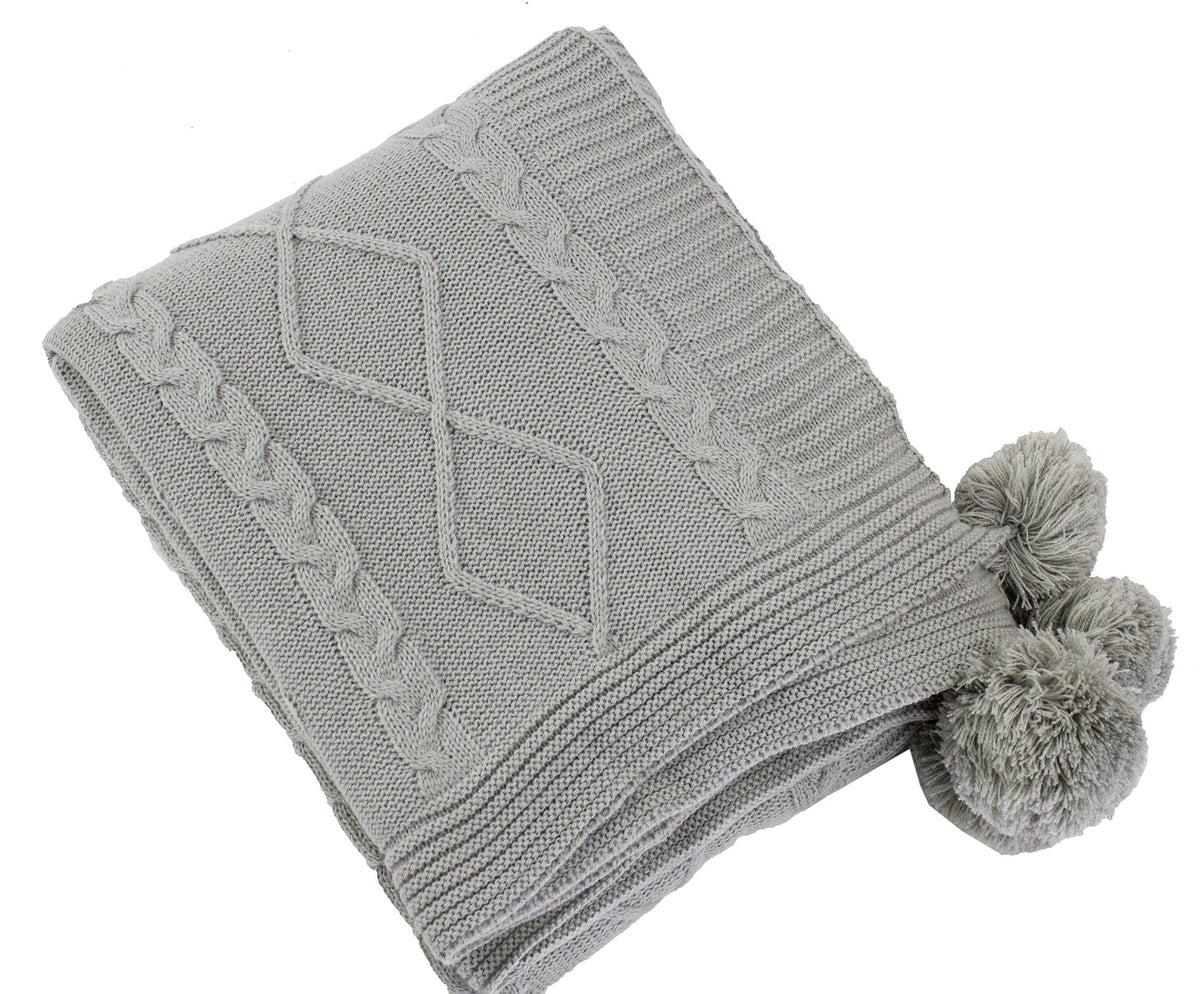 Fennco Styles Luxe Faux Fur Cable Knit Reversible Pom Pom Cozy Throw Blanket, 50" x 60" (Grey)