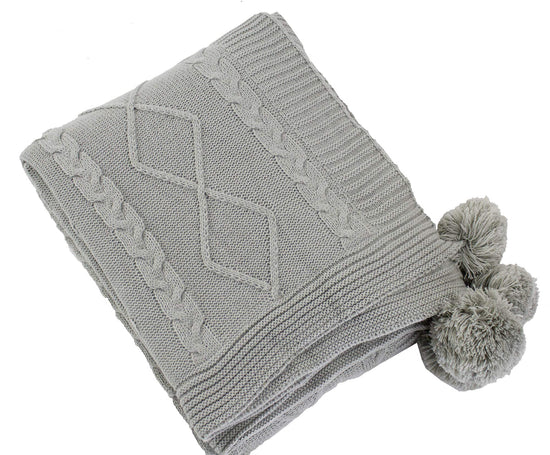 Fennco Styles Luxe Faux Fur Cable Knit Reversible Pom Pom Cozy Throw Blanket, 50" x 60" (Grey)