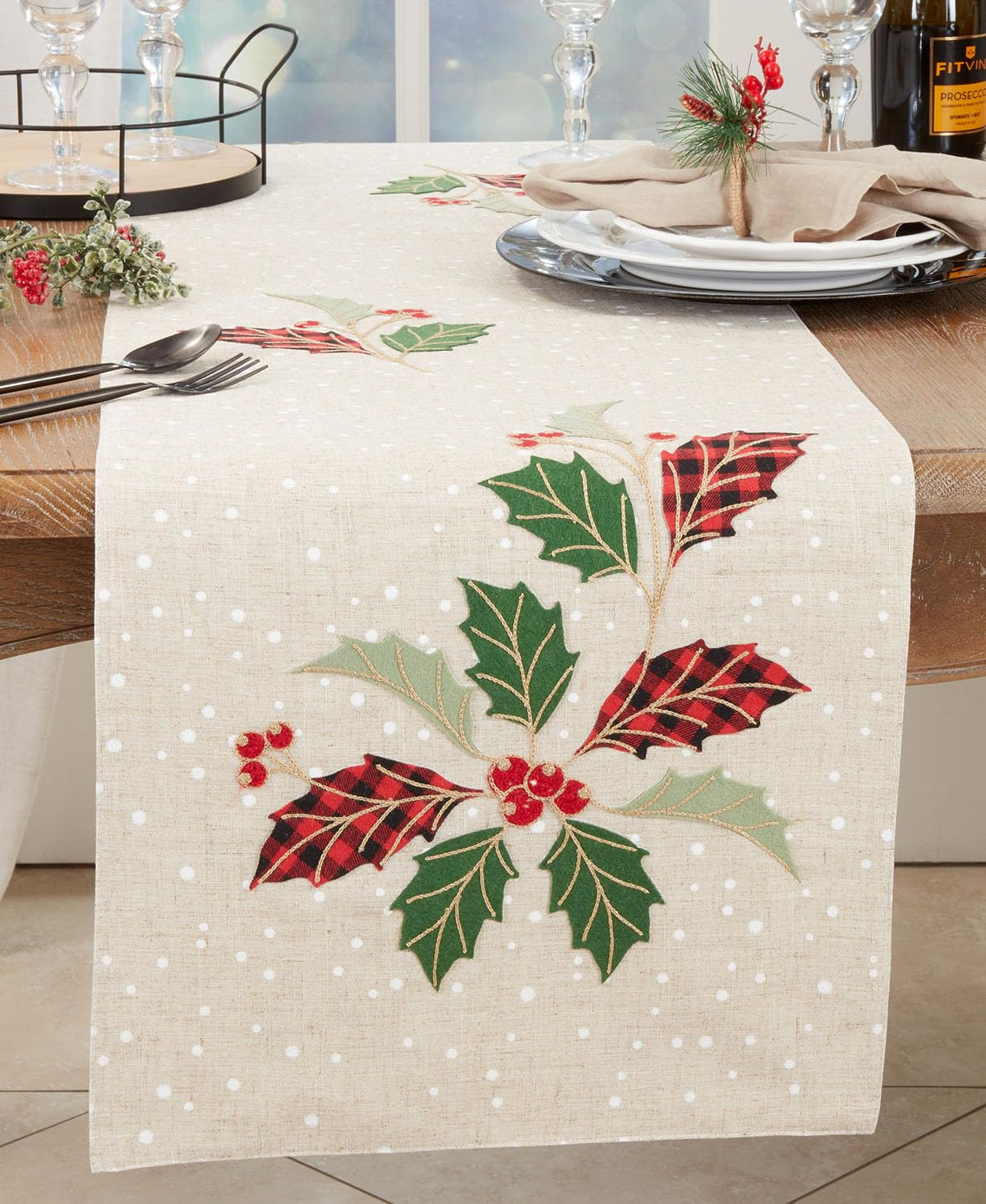 Buffalo Plaid Holly Leaves Table Runner 16" W x 70" L — decorative table accent for dining room styling seasonal decorating choice