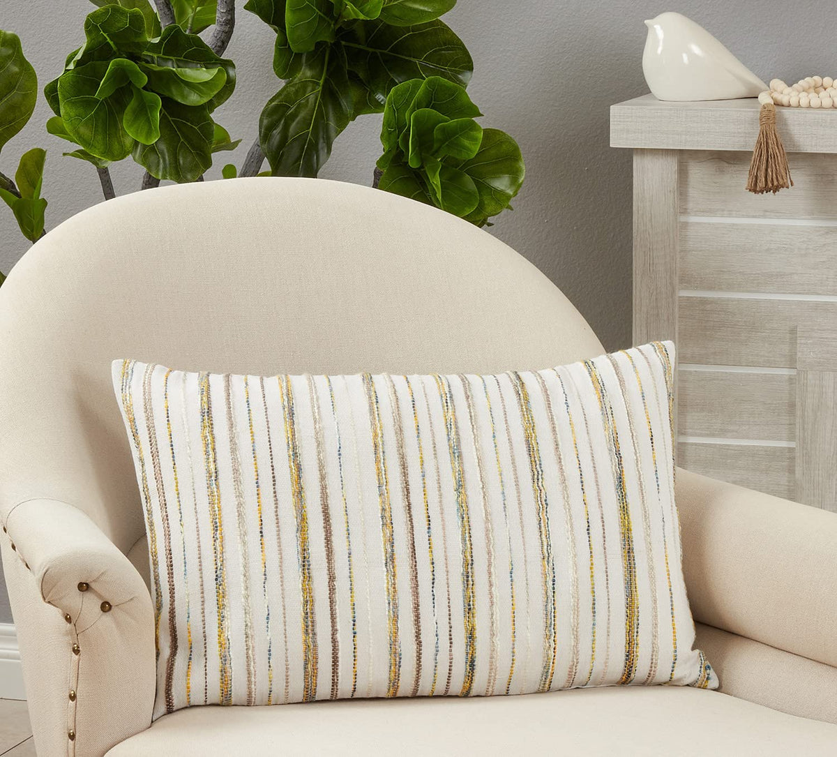 Boho Fringe Striped Decorative Throw Pillow 16" W x 24" L - Natural Cushion for Home, Couch, Living Room, Bedroom, Office Décor
