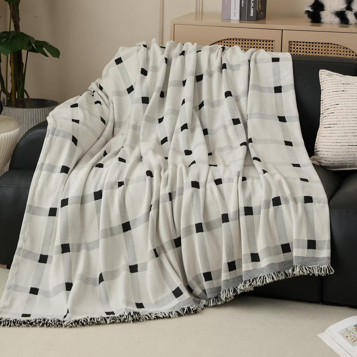 Checkered Fringe Chenille Reversible Throw Blanket 50" W x 72" L — decorative throw blanket for sofa couch and bedroom