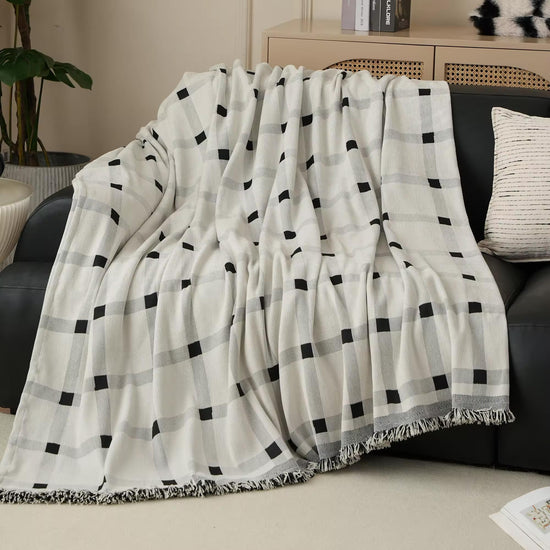 Checkered Fringe Chenille Reversible Throw Blanket 50" W x 72" L — decorative throw blanket for sofa couch and bedroom
