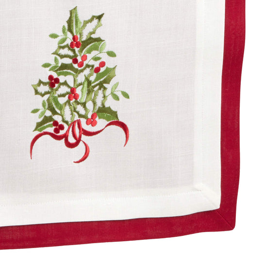 Feuille de Houx Collection Country Double Layer Embroidered Holly 16 x 72 Inch Table Runner — dining room accent for seasonal table styling decorative design