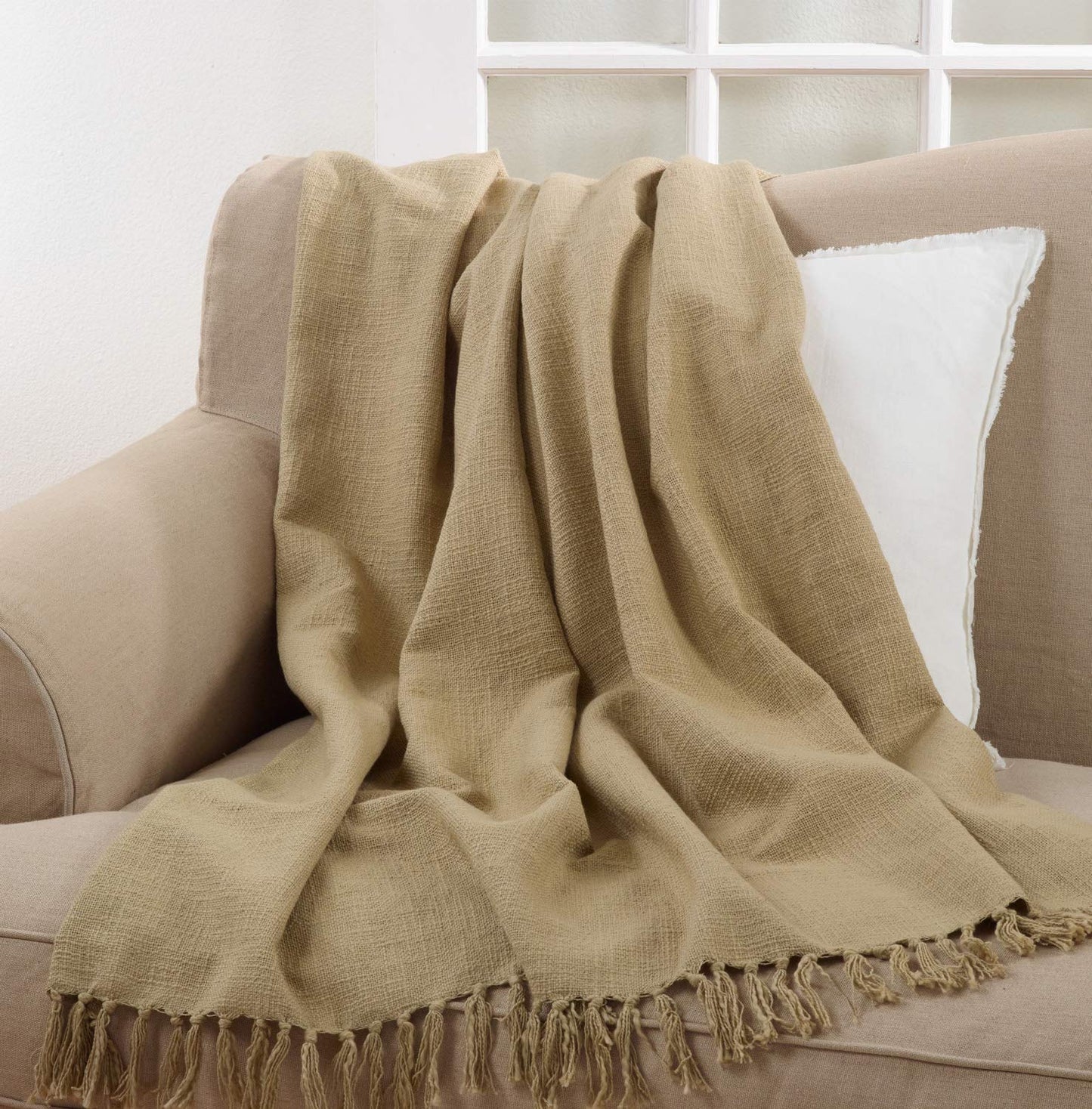 Fennco Styles Lightweight Classic Plain Fringe Design 100% Cotton Soft Throw Blanket, 50" x 60", Natural