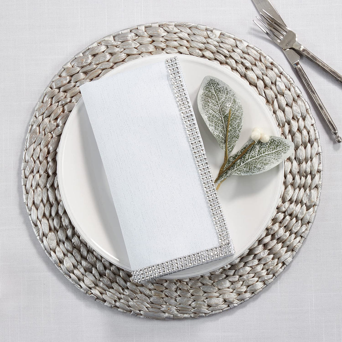 Elegant Lily Collection Studded Design Cloth Napkins 20" W x 20" L, Set of 4 - White Rhinestone Dinner Napkins for Dining Table, Banquets, Family Gathering and Special Occasion