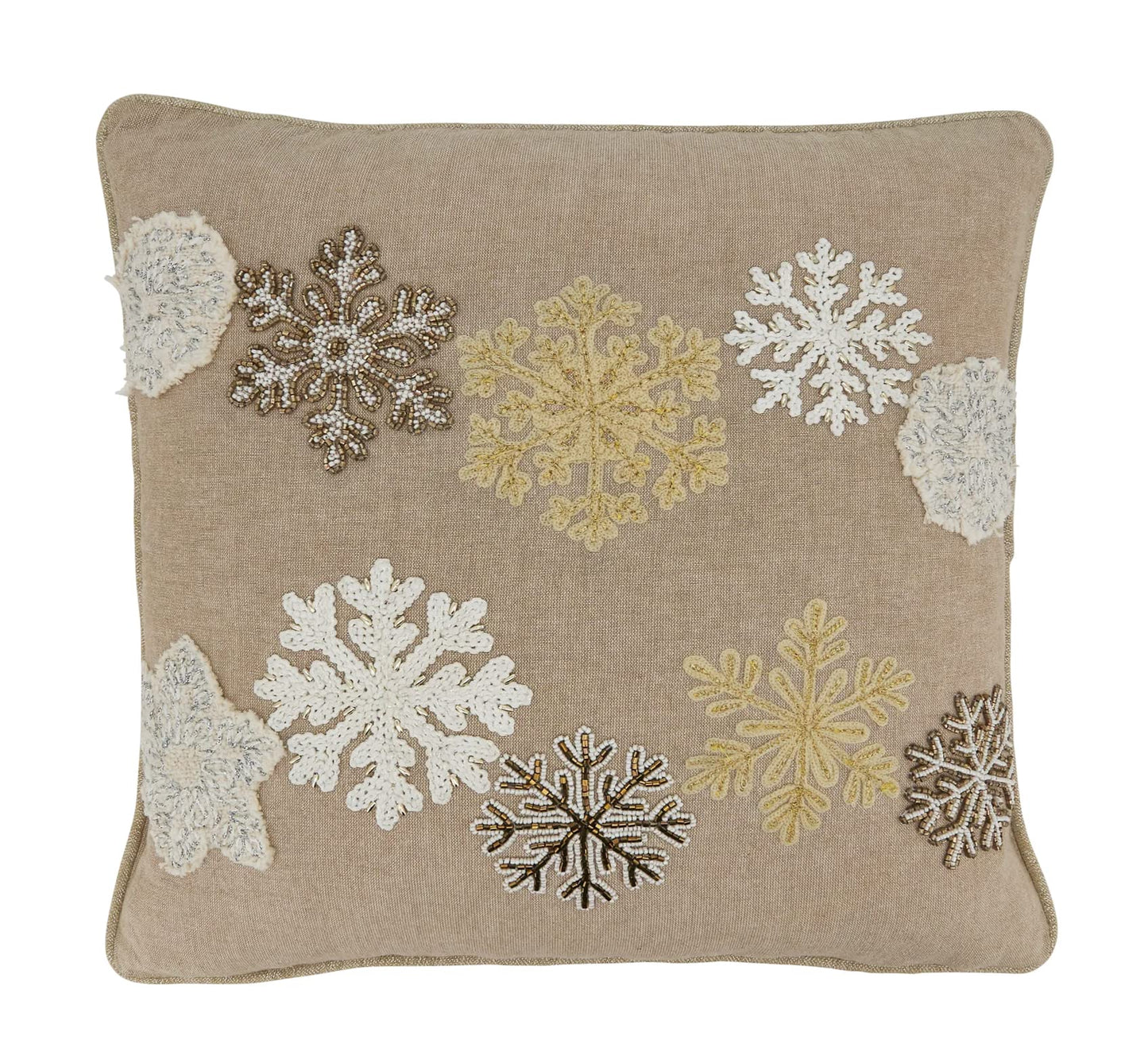 Fennco Styles Beaded Embroidered Snowflake Cotton Throw Pillow 18" W x 18" L - Natural Holiday Cushion for Christmas, Home, Couch, Living Room Décor, Special Occasion