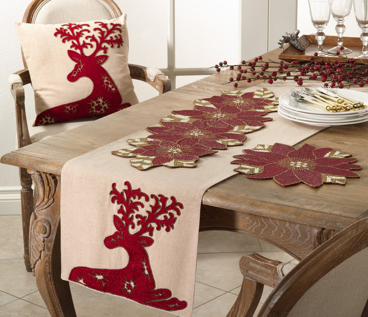 Elegant Holiday Embroidered Deer Cotton Table Runner 16 x 72 Inch — table decor for gatherings holidays and entertaining online gift shop find