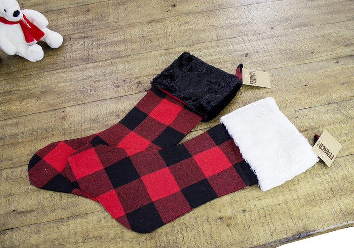 Fennco Styles Red and Black Buffalo Plaid with Black Faux Fur Design Christmas Stocking 13" W x 19" L - Festive Hanging Stocking for Home, Christmas Tree, Fireplace, Office and School Décor